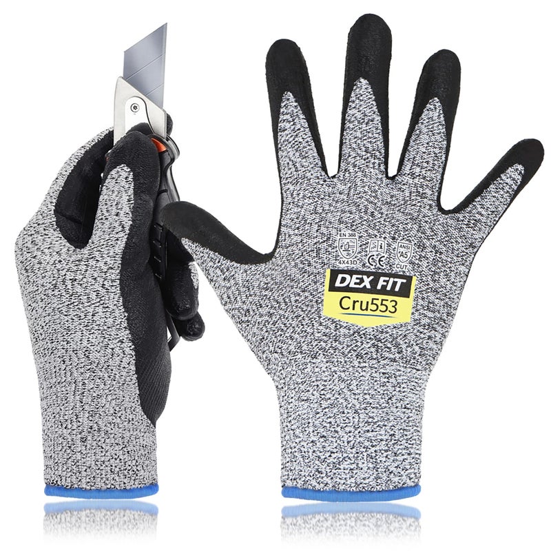 DEX FIT Level 5 Cut Resistant Gloves Cru553, 3D-Comfort Stretchy Fit, Power Grip, Professional Grade, Thin, Touch-Screen Compatible, Durable, Machine Washable; Grey L (9) 3 Pairs - Image 1